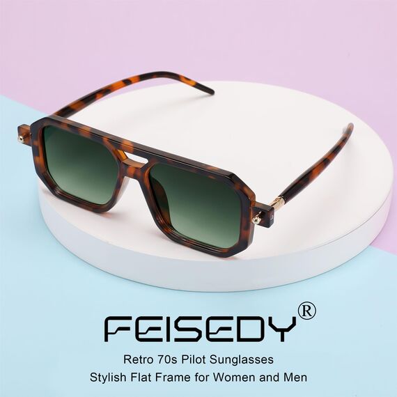 FEISEDY Retro 70er Jahre Sonnenbrille Damen Herren Vintage Flache Quadratische Brille mit UV400-Schutz B2622