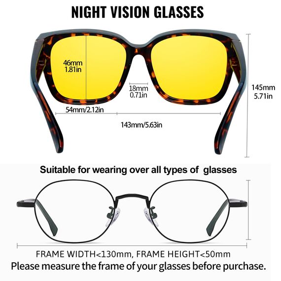 KANASTAL ÜberGroß Nachtfahrbrille für Brillenträger Polarisiert Anti Blende Nachtfahrbrille Damen und Herren UV400 Schutz Nachtbrille, Leopard Rahmen Gelb Gläser
