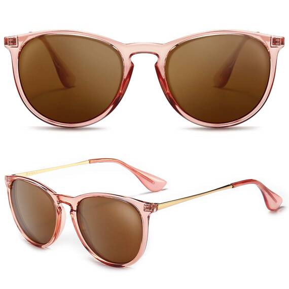 SUNGAIT Vintage Runde Damen Sonnenbrille Klassischer Retro Designer Stil (Polarisierte Hellbraune Linse/Rosa Brauner Rahmen)-SGT567