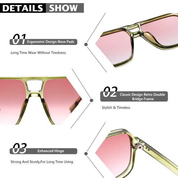 COASION Retro Sonnenbrille für Damen Herren - XL Übergroß 70er Jahre Sonnenbrille UV400 Schutz Trendy Double Brücke Rahmen Brille