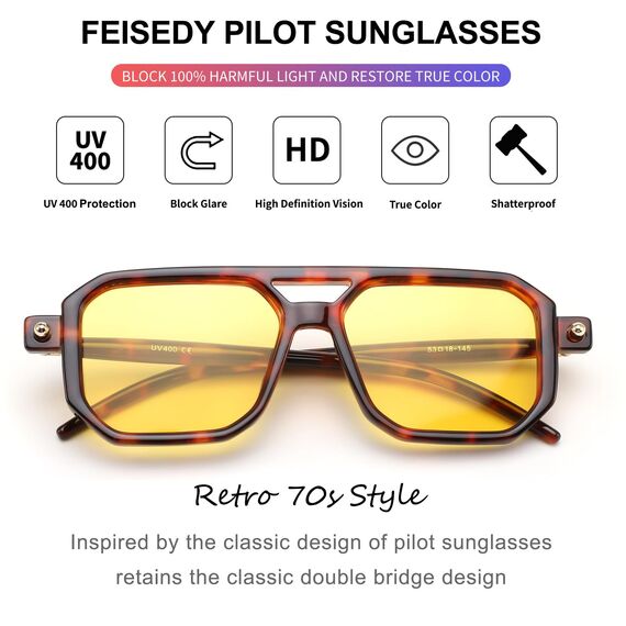 FEISEDY Retro 70er Jahre Sonnebrille Damen Herren Vintage Flache Quadratische Brille mit UV400-Schutz B2622
