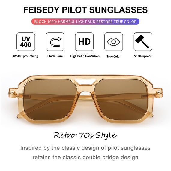 FEISEDY Retro 70er Jahre Sonnenbrille Damen Herren Vintage Flache Quadratische Brille mit UV400-Schutz B2622
