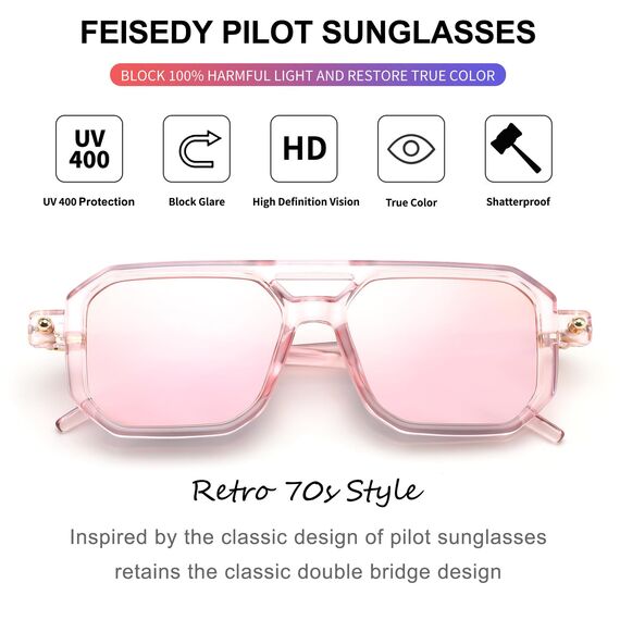 FEISEDY Retro 70er Jahre Sonnebrille Damen Herren Vintage Flache Quadratische Brille mit UV400-Schutz B2622