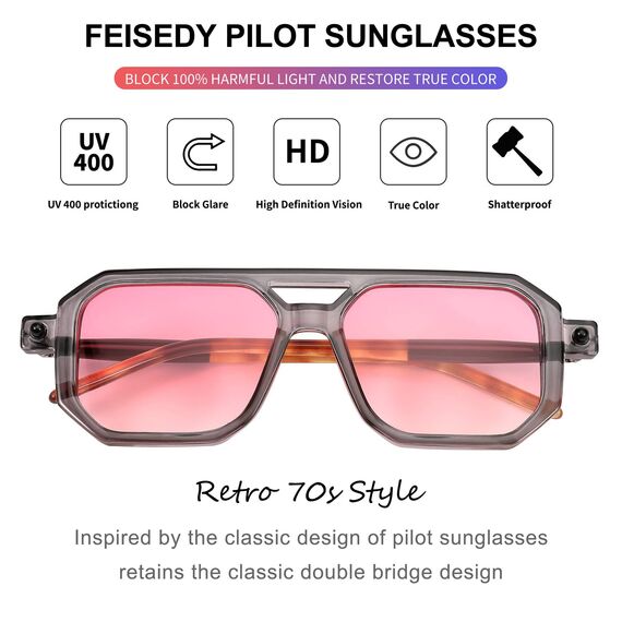 FEISEDY Retro 70er Jahre Sonnenbrille Damen Herren Vintage Flache Quadratische Brille mit UV400-Schutz B2622