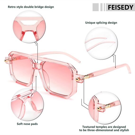 FEISEDY Retro 70er Jahre Sonnenbrille Damen Herren Vintage Flache Quadratische Brille mit UV400-Schutz B2622