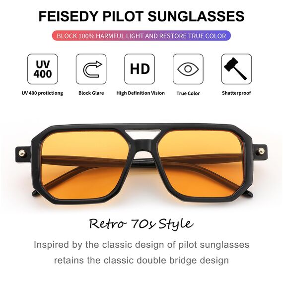FEISEDY Retro 70er Jahre Sonnenbrille Damen Herren Vintage Flache Quadratische Brille mit UV400-Schutz B2622