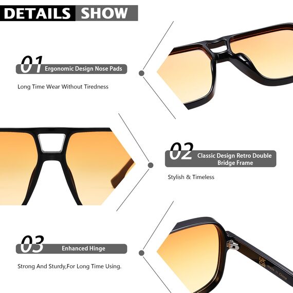 COASION Retro Sonnenbrille für Damen Herren - XL Übergroß 70er Jahre Sonnenbrille UV400 Schutz Trendy Double Brücke Rahmen Brille