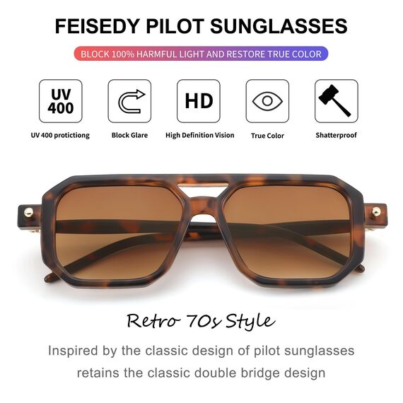 FEISEDY Retro 70er Jahre Sonnenbrille Damen Herren Vintage Flache Quadratische Brille mit UV400-Schutz B2622