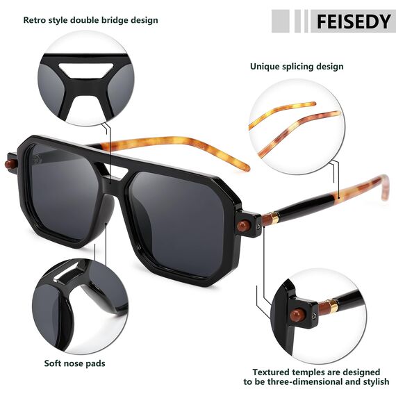 FEISEDY Retro 70er Jahre Sonnenbrille Damen Herren Vintage Flache Quadratische Brille mit UV400-Schutz B2622