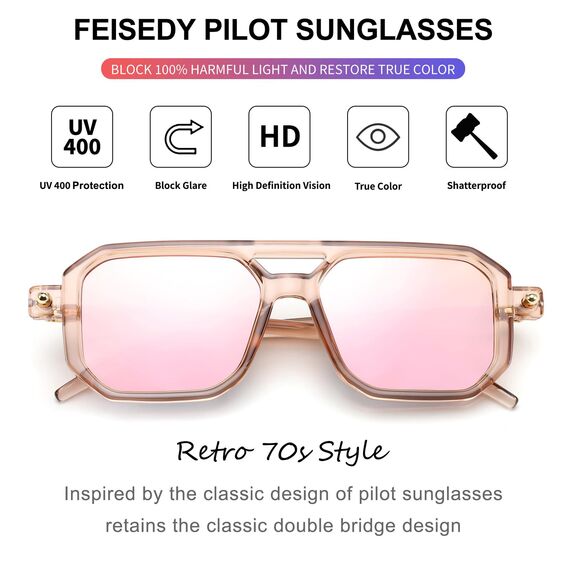 FEISEDY Retro 70er Jahre Sonnebrille Damen Herren Vintage Flache Quadratische Brille mit UV400-Schutz B2622