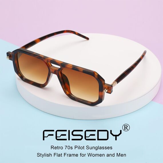 FEISEDY Retro 70er Jahre Sonnenbrille Damen Herren Vintage Flache Quadratische Brille mit UV400-Schutz B2622