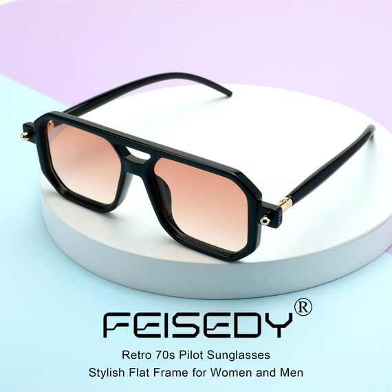 FEISEDY Retro 70er Jahre Sonnebrille Damen Herren Vintage Flache Quadratische Brille mit UV400-Schutz B2622