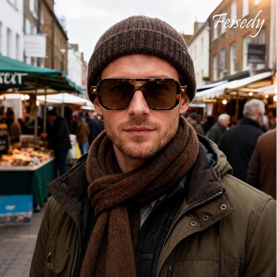 FEISEDY Retro 70er Jahre Sonnenbrille Damen Herren Vintage Flache Quadratische Brille mit UV400-Schutz B2622