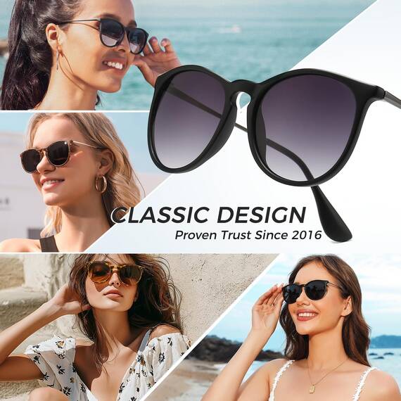 SUNGAIT Vintage Runde Damen Sonnenbrille Klassischer Retro Designer Stil(Matte Schwarz/farbverlauf Grau)-SGT567