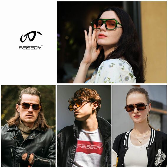FEISEDY Retro 70er Jahre Sonnenbrille Damen Herren Vintage Flache Quadratische Brille mit UV400-Schutz B2622