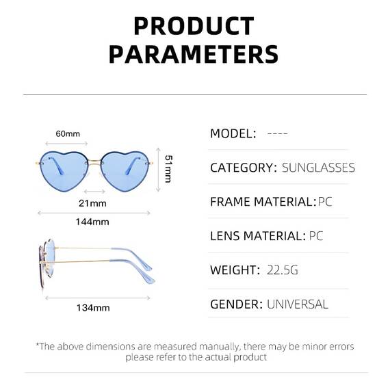 PARTY GO Herzform Sonnenbrille Damen Mode Rimless Sonnenbrille UV400 Partybrille, blau