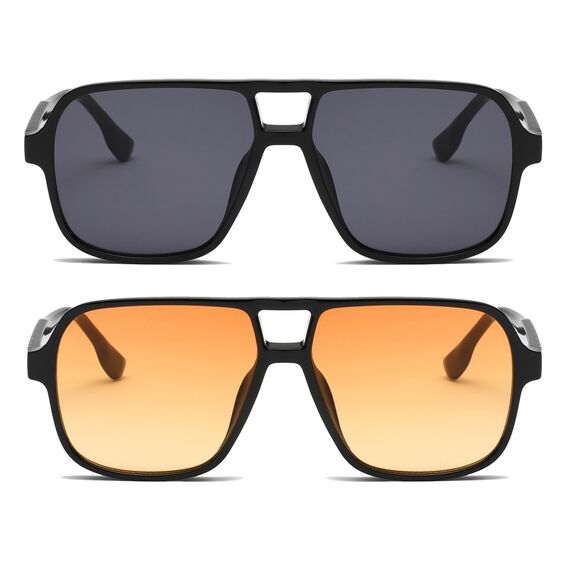 Long Keeper Retro Pilot Sonnenbrille Pilotenbrille Herren Damen Quadratisch Sonnenbrille Groß 70er Klassisch Eckige Pilot Retro Brille UV400 (Schwarz/Dunkelgrau+Schwarz/Orange)