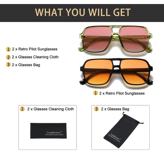 Long Keeper Retro Pilot Sonnenbrille Pilotenbrille Herren Damen Quadratisch Sonnenbrille Groß 70er Klassisch Eckige Pilot Retro Brille UV400 (Grün/Farbverlauf Rosa+Schwarz/Orange)