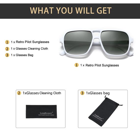 Long Keeper Retro Pilot Sonnenbrille Pilotenbrille Herren Damen Quadratisch Sonnenbrille Groß 70er Klassisch Eckige Pilot Retro Brille UV400 (Weiß Rahmen - Farbverlauf Grau Linse)