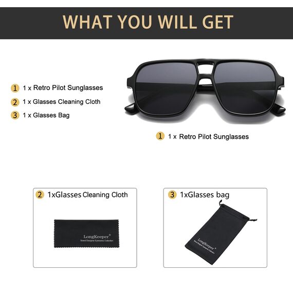 Long Keeper Retro Pilot Sonnenbrille Pilotenbrille Herren Damen Quadratisch Sonnenbrille Groß 70er Klassisch Eckige Pilot Retro Brille UV400 (Schwarz Rahmen - Dunkelgrau Linse)