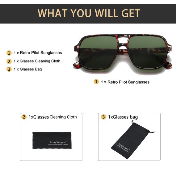 Long Keeper Retro Pilot Sonnenbrille Pilotenbrille Herren Damen Quadratisch Sonnenbrille Groß 70er Klassisch Eckige Pilot Retro Brille UV400 (Leopard Rahmen - Grün Linse)