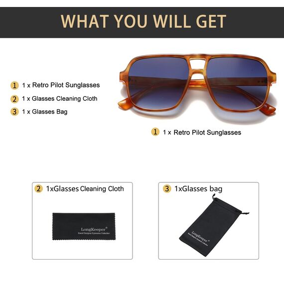 Long Keeper Retro Pilot Sonnenbrille Pilotenbrille Herren Damen Quadratisch Sonnenbrille Groß 70er Klassisch Eckige Pilot Retro Brille UV400 (Orange Schildpatt Rahmen - Farbverlauf Blau Linse)