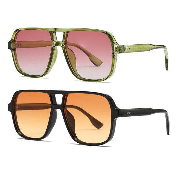 Long Keeper Retro Pilot Sonnenbrille Pilotenbrille Herren Damen Quadratisch Sonnenbrille Groß 70er Klassisch Eckige Pilot Retro Brille UV400 (Grün/Farbverlauf Rosa+Schwarz/Orange)