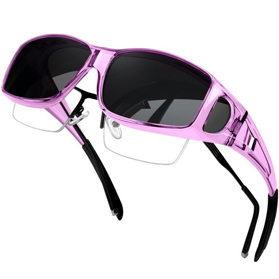 KANASTAL Überzieh Sonnenbrille Über Normale Brille Damen Herren Fit Over Warp Around Überbrille Sonnenbrille für Brillenträger UV400 Schutz, Transparent Lila Rahmen Schwarz Gläser