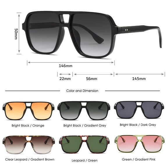 Long Keeper Retro Pilot Sonnenbrille Pilotenbrille Herren Damen Quadratisch Sonnenbrille Groß 70er Klassisch Eckige Pilot Retro Brille UV400 (Schwarz Rahmen - Farbverlauf Grau Linse)