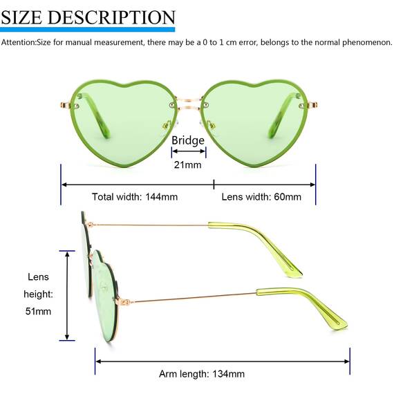 PARTY GO Herz Sonnenbrille Damen Mode Rimless Sonnenbrille UV400 Partybrille, grün