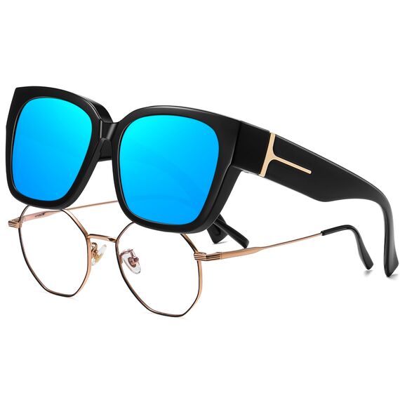 KANASTAL Übergröße Überzieh Sonnenbrille Herren und Damen Polarisiert Überbrille Sonnenbrille für Brillenträger UV400 Schutz, Glänzend Schwarz Rahmen Blau Verspiegelte Gläser