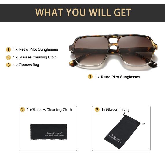 Long Keeper Retro Pilot Sonnenbrille Pilotenbrille Herren Damen Quadratisch Sonnenbrille Groß 70er Klassisch Eckige Pilot Retro Brille UV400 (Leopard Transparent Rahmen - Farbverlauf Braun Linse)