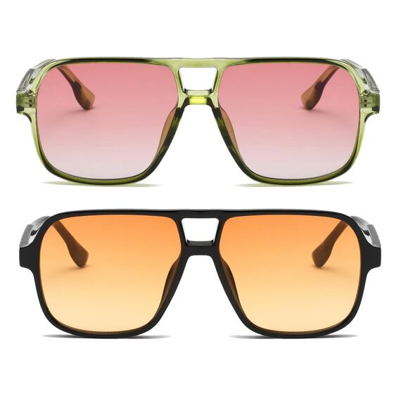Long Keeper Retro Pilot Sonnenbrille Pilotenbrille Herren Damen Quadratisch Sonnenbrille Groß 70er Klassisch Eckige Pilot Retro Brille UV400 (Grün/Farbverlauf Rosa+Schwarz/Orange)