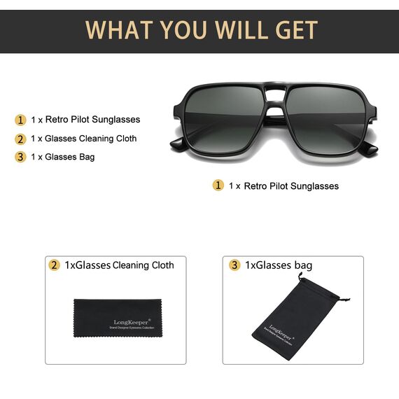 Long Keeper Retro Pilot Sonnenbrille Pilotenbrille Herren Damen Quadratisch Sonnenbrille Groß 70er Klassisch Eckige Pilot Retro Brille UV400 (Schwarz Rahmen - Farbverlauf Grau Linse)
