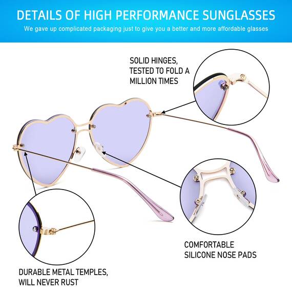 PARTY GO Herz Sonnenbrille Damen Mode Rimless Sonnenbrille UV400 Partybrille, violett