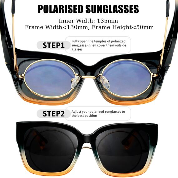 KANASTAL Übergröße Überzieh Sonnenbrille Herren und Damen Polarisiert Überbrille Sonnenbrille für Brillenträger UV400 Sonnenschutz, Blau Rahmen Schwarz Gläser