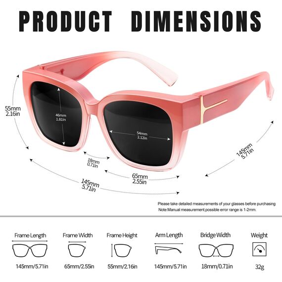 KANASTAL Übergröße Überzieh Sonnenbrille Herren und Damen Polarisiert Überbrille Sonnenbrille für Brillenträger UV400 Sonnenschutz, Rosa Rahmen Schwarz Gläser