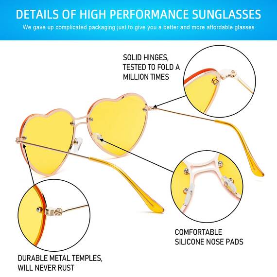 PARTY GO Herzform Sonnenbrille Frauen Mode Rimless Sonnenbrille UV400 Party Brille, gelb