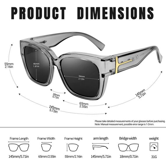 KANASTAL Übergröße Überzieh Sonnenbrille Herren und Damen Polarisiert Überbrille Sonnenbrille für Brillenträger UV400 Sonnenschutz, Grau Transparent Rahmen Schwarz Gläser