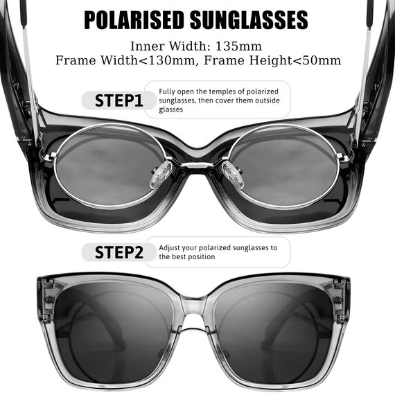 KANASTAL Übergröße Überzieh Sonnenbrille Herren und Damen Polarisiert Überbrille Sonnenbrille für Brillenträger UV400 Sonnenschutz, Grau Transparent Rahmen Schwarz Gläser