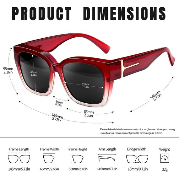 KANASTAL Übergröße Überzieh Sonnenbrille Herren und Damen Polarisiert Überbrille Sonnenbrille für Brillenträger UV400 Sonnenschutz, Rot Rahmen Schwarz Gläser