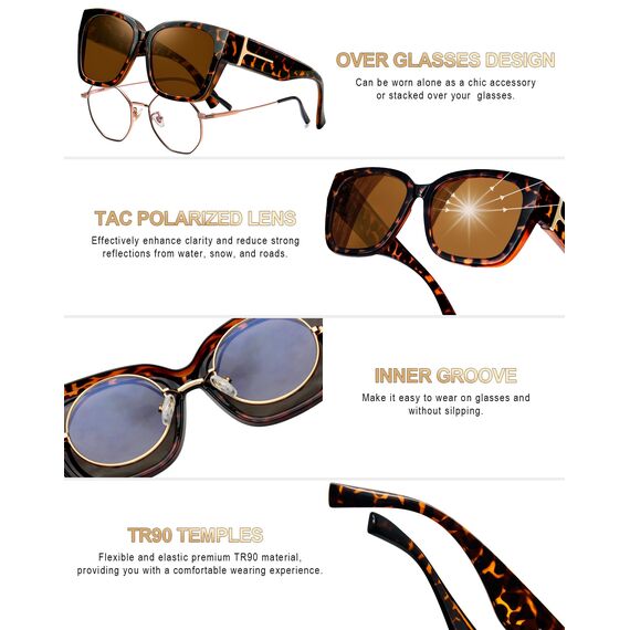 KANASTAL Übergröße Überzieh Sonnenbrille Herren und Damen Polarisiert Überbrille Sonnenbrille für Brillenträger UV400 Sonnenschutz, Leopard Rahmen Braun Gläser