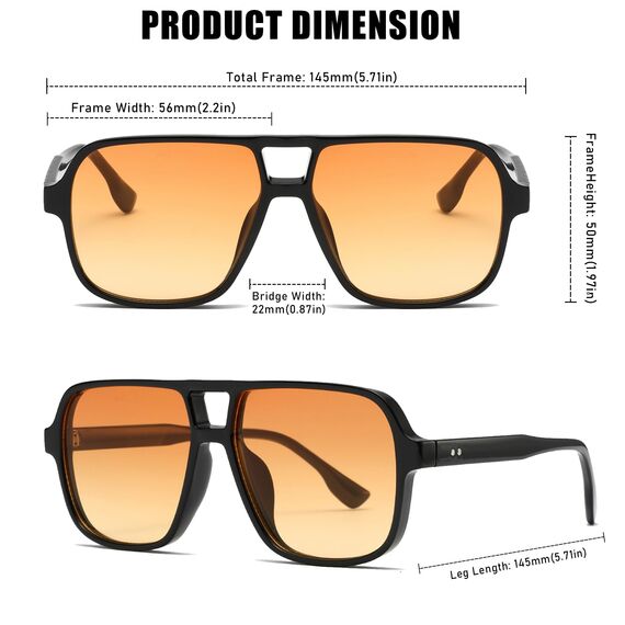 Long Keeper Retro Pilot Sonnenbrille Pilotenbrille Herren Damen Quadratisch Sonnenbrille Groß 70er Klassisch Eckige Pilot Retro Brille UV400 (Schwarz/Dunkelgrau+Schwarz/Orange)