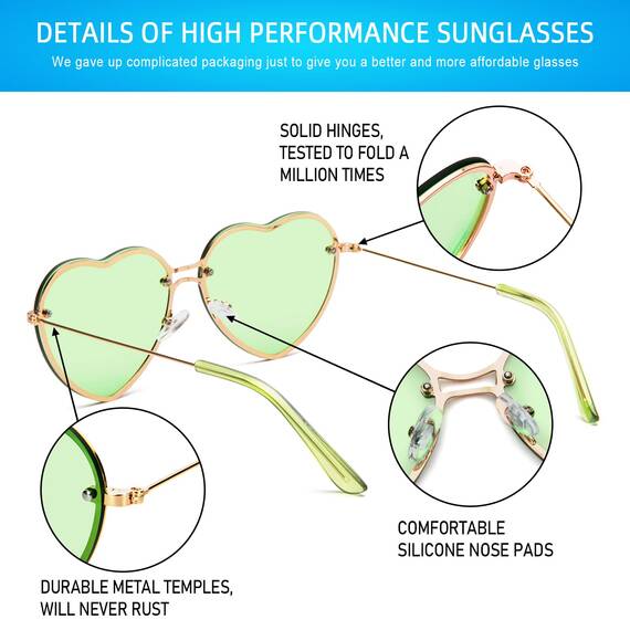 PARTY GO Herz Sonnenbrille Damen Mode Rimless Sonnenbrille UV400 Partybrille, grün
