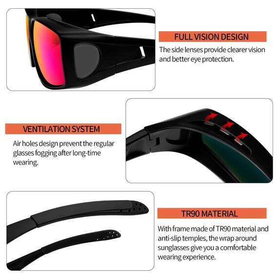 KANASTAL Überbrille Sonnenbrille Herren und Damen Verspiegelt Lila Rot Überziehbrille für Brillenträger Fahrradbrille Überzieh Sonnenbrille UV400 Schutz