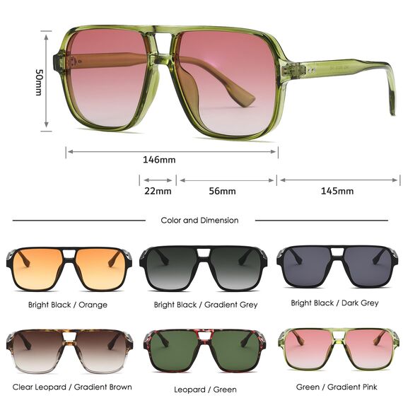 Long Keeper Retro Pilot Sonnenbrille Pilotenbrille Herren Damen Quadratisch Sonnenbrille Groß 70er Klassisch Eckige Pilot Retro Brille UV400 (Grün Rahmen - Farbverlauf Rosa Linse)