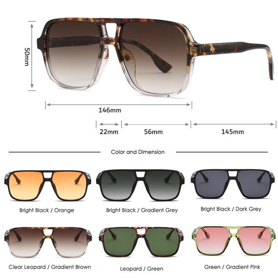 Long Keeper Retro Pilot Sonnenbrille Pilotenbrille Herren Damen Quadratisch Sonnenbrille Groß 70er Klassisch Eckige Pilot Retro Brille UV400 (Leopard Transparent Rahmen - Farbverlauf Braun Linse)