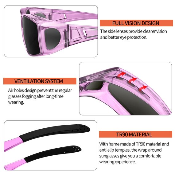 KANASTAL Überzieh Sonnenbrille Über Normale Brille Damen Herren Fit Over Warp Around Überbrille Sonnenbrille für Brillenträger UV400 Schutz, Transparent Lila Rahmen Schwarz Gläser