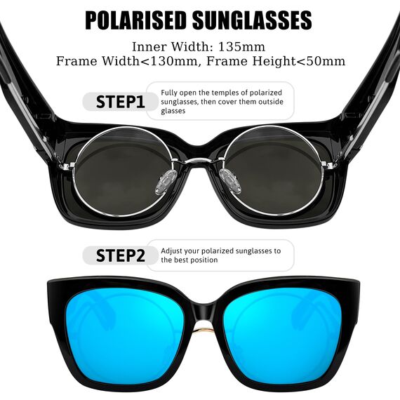 KANASTAL Übergröße Überzieh Sonnenbrille Herren und Damen Polarisiert Überbrille Sonnenbrille für Brillenträger UV400 Schutz, Glänzend Schwarz Rahmen Blau Verspiegelte Gläser