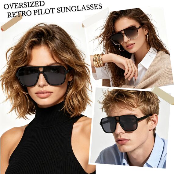 Long Keeper Retro Pilot Sonnenbrille Pilotenbrille Herren Damen Quadratisch Sonnenbrille Groß 70er Klassisch Eckige Pilot Retro Brille UV400 (Schwarz Rahmen - Dunkelgrau Linse)
